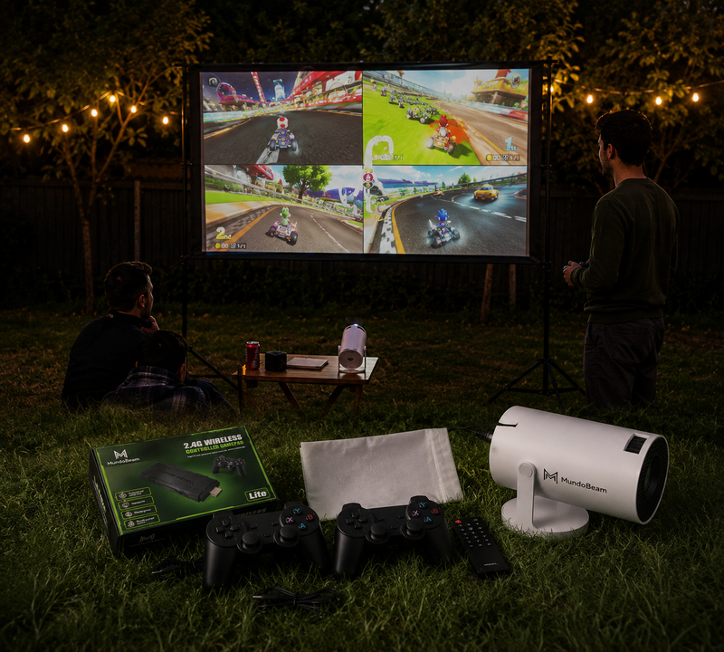 Kostenloser 100-Zoll-Bildschirm + Gaming-Stick mit 12.000 Spielen und 2 Controllern